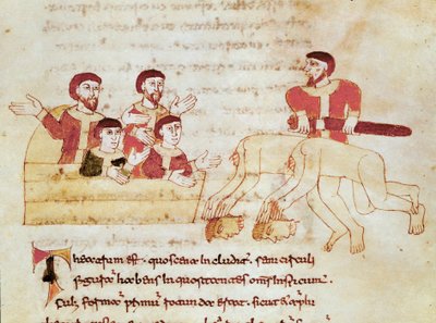 Scena teatralna, publiczność po lewej oklaskiwa występ aktorów Miniatura zaczerpnięta z rękopisu „De Universo” (lub De rerum naturis (O Naturze Rzeczy)) (kod. 132) Rabanus Maurus Magnentius (lub Raban Maur lub Rabano Mauro) (ok. autorstwa German School