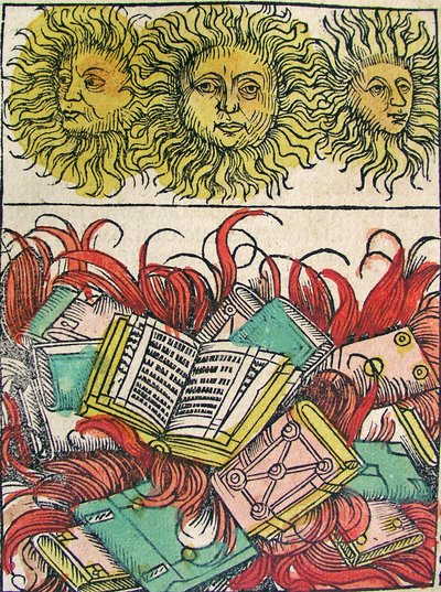 „Trzy słońca i spalanie książek”, opublikowane w Kronice norymberskiej, 1493 autorstwa German School