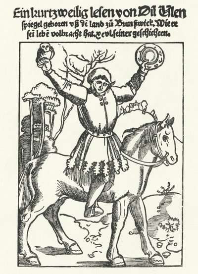 Till Eulenspiegel przedstawiony z sową i lustrem (grafika) autorstwa German School