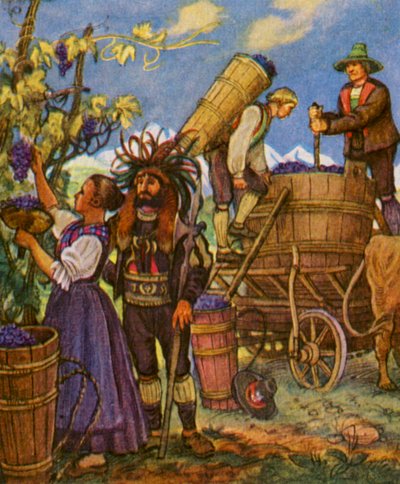 Tiroler Weinlese / Tyrolskie winobranie (kolorowa litografia) autorstwa German School
