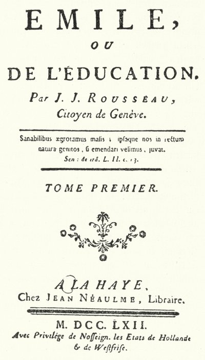 Strona tytułowa z pierwszego wydania Emila Jean-Jacques Rousseau, wydanego w 1762 r. (rycina) autorstwa German School