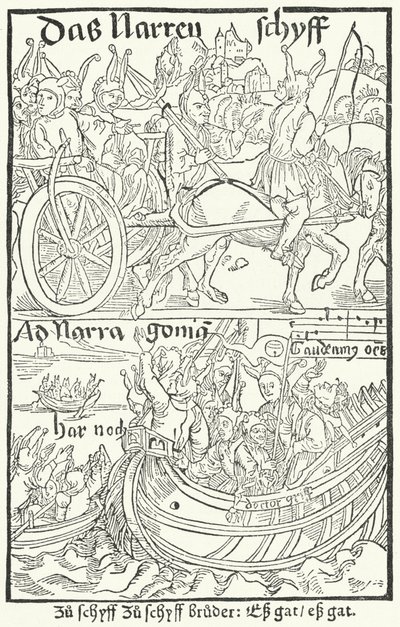 Strona tytułowa z pierwszego wydania Statku głupców Sebastiana Branta, wydrukowanego przez Johanna Bergmanna von Olpe w Bazylei w 1491 r. (rycina) autorstwa German School