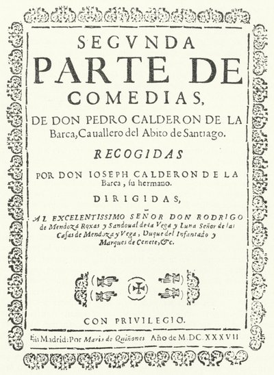 Strona tytułowa drugiego z czterech tomów Komedii Calderon, wydanej w 1637 r. (rycina) autorstwa German School