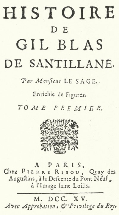 Strona tytułowa pierwszego wydania Gila Blasa francuskiego powieściopisarza i dramaturga Alaina-Rene Lesage, wydanego w 1715 r. (rycina) autorstwa German School