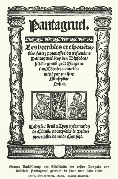 Strona tytułowa pierwszego wydania Pantagruela, autorstwa francuskiego autora Francois Rabelais, wydrukowanego w Lyonie w 1532 r. (lito) autorstwa German School