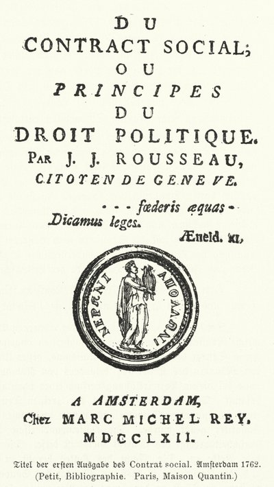 Strona tytułowa pierwszego wydania Umowy społecznej, Jean-Jacques Rousseau autorstwa German School