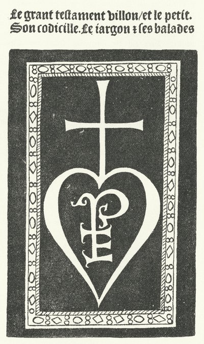 Strona tytułowa pierwszego wydania wierszy francuskiego poety Francois Villon, wydrukowane przez Pierre