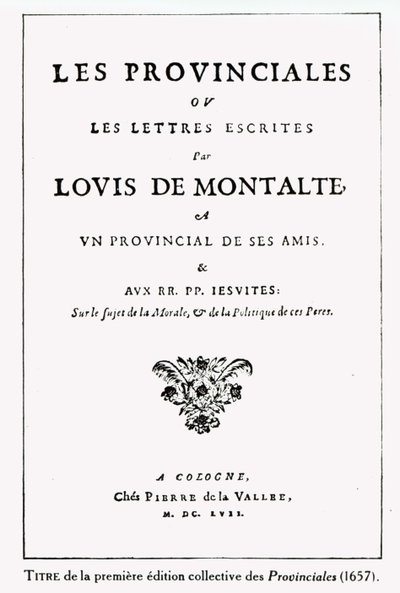Strona tytułowa Les Provinciales Blaise Pascal (1623-62), Amsterdam, 1657 (tusz na papierze) autorstwa German School
