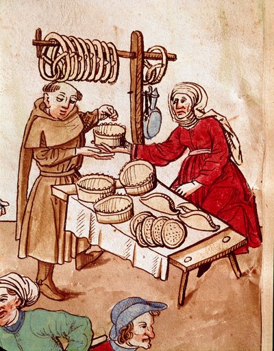 Handel: sprzedawca chleba. Miniatura z „Kroniki soboru w Konstancji” Ulricha Richentala (1360-1437) 1438 ok. Praga, biblioteka narodowa autorstwa German School