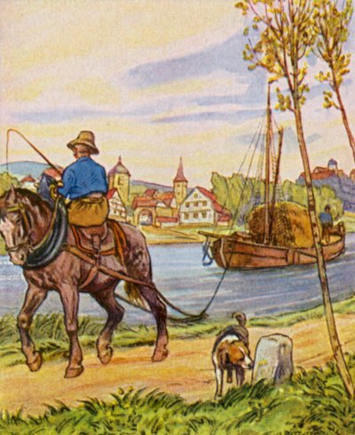 Treidelschiff / Holownik (kolorowa litografia) autorstwa German School