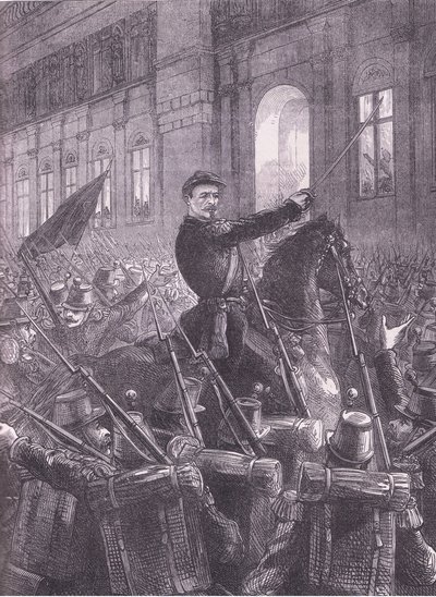 Trochu gromadzące Gwardię Narodową przed Hotel de Ville, Cassells History of the War between France and Germany wydane przez Cassell and Company Limited, c.1890 (lito) autorstwa German School