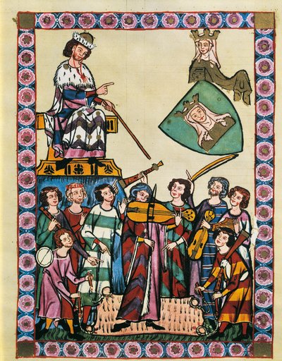 Trubadurzy przed cesarzem Niemiec i jego dworem, z „Kodeksu Manesse” (welum) autorstwa German School