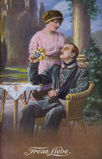 Prawdziwa miłość: ranny niemiecki żołnierz z ukochaną (kolorowa litografia) autorstwa German School