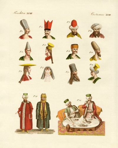 Tureckie stroje narodowe (kolorowe grawerowanie) autorstwa German School