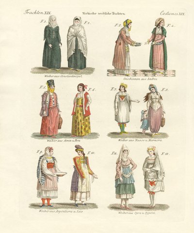 Tureckie stroje narodowe (kolorowe grawerowanie) autorstwa German School