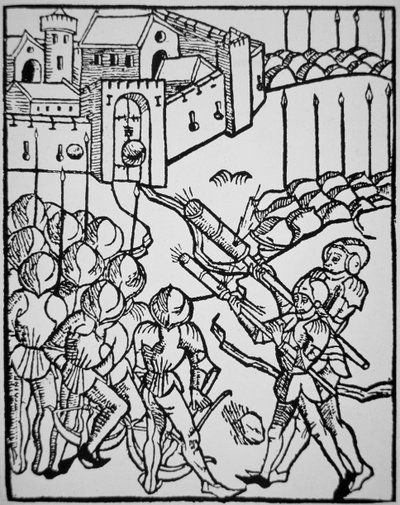 Używanie broni krótkiej w XV wieku, ilustracja z „Rudicum Novitiorum” autorstwa German School