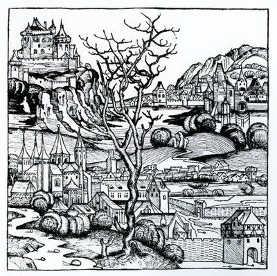 Widok Portugalii z „Kroniki norymberskiej” 1493 (drzeworyt) autorstwa German School
