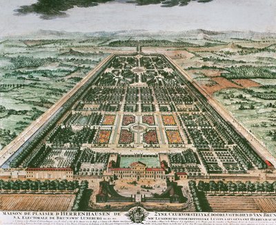 Widok na ogród zamku Herrenhausen, ok. 1708 r., druk kolorowy, Niemcy autorstwa German School