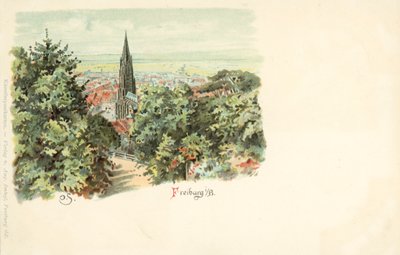 Widok na miasto Fryburg, Niemcy, z katedrą (chromolitho) autorstwa German School