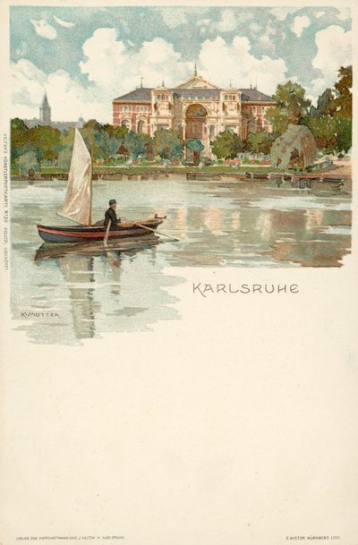 Widok miasta Karlsruhe w Niemczech (chromolitho) autorstwa German School