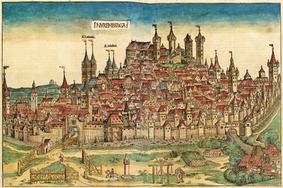 Widok miasta Norymberga, opublikowany w Kronice Norymberskiej, 1493 autorstwa German School