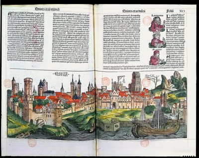 Widok miasta Kolonia z Kroniki Norymbergi Hartmanna Schedla, 1493 (kolorowy drzeworyt) autorstwa German School