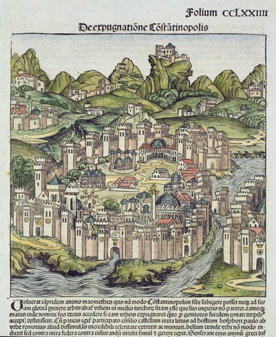 Widok otoczonego murami miasta Konstantynopola, z Kroniki Norymberskiej autorstwa Hartmanna Schedla (1440-1514) 1493 (pustak) autorstwa German School