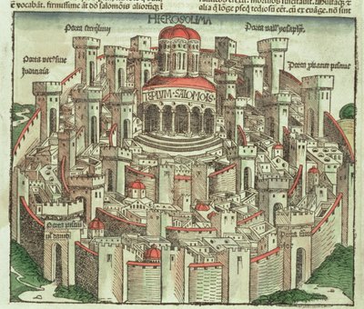 Widok na otoczone murem miasto Jerozolimę ukazujący Świątynię Salomona i bramy miasta, z Kroniki Norymberskiej autorstwa Hartmanna Schedla (1440-1514) 1493 autorstwa German School