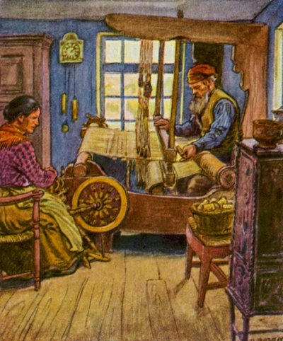 Weberstube / Tkalnia (kolorowa litografia) autorstwa German School