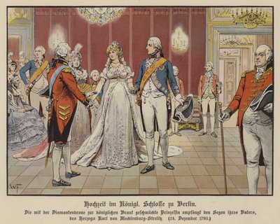 Ślub księcia Fryderyka Wilhelma pruskiego i księżnej Luizy Meklemburgii-Strelitz w Pałacu Królewskim, Berlin, 24 grudnia 1793 (kolor lito) autorstwa German School