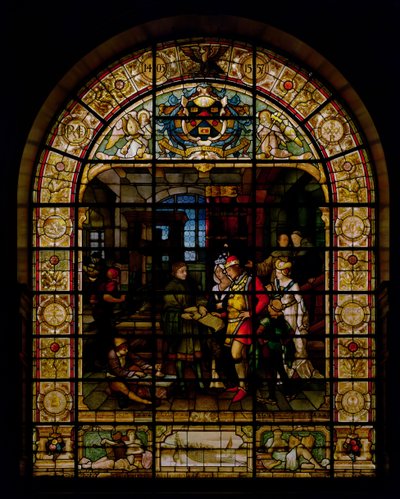 William Caxton pokazuje swoją pierwszą drukowaną książkę Edwardowi IV i jego żonie, Elizabeth Woodville w 1477, przez Mayer and Co., firma z siedzibą w Monachium działająca w Londynie, ok. 1880 (witraż) autorstwa German School
