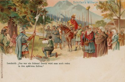 William Tell strzelający jabłkiem z głowy syna autorstwa German School