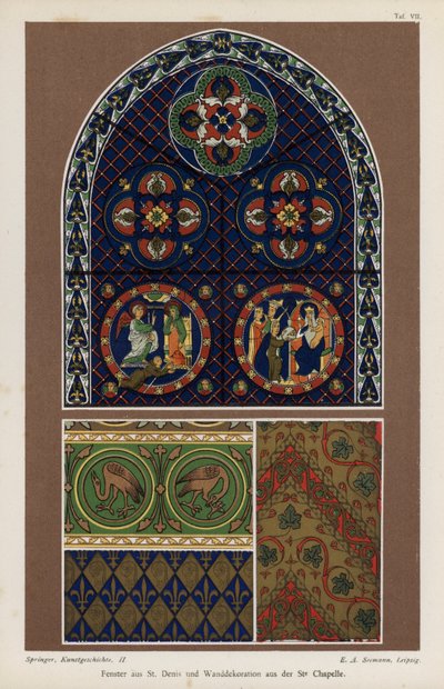 Okno z bazyliki św. Denisa i dekoracja ścienna z Sainte-Chapelle, Paryż, Francja (kolor lito) autorstwa German School