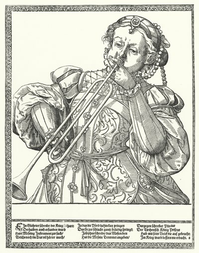 Kobieta grająca na puzonie lub sackbut (rycina) autorstwa German School