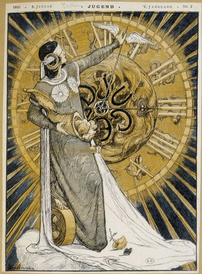 Kobieta z paskami oczu trzymająca róg obfitości i przesuwająca wskazówki zegara (Alegoria fortuny) - w „Jugend” z 1.08.1900 autorstwa German School