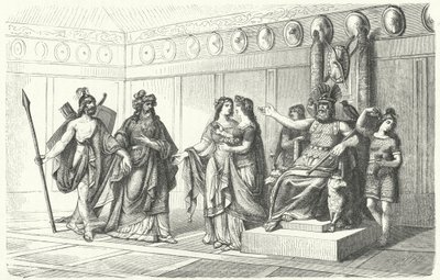 Wotan odbiera muzyków przedstawionych przez Bragiego, boga poezji i pieśni (rycina) autorstwa German School