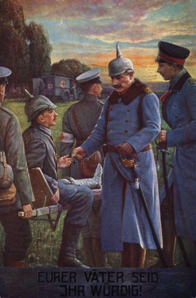 Jesteście godni swoich ojców: Cesarz Wilhelm II odznacza rannego niemieckiego żołnierza Krzyżem Żelaznym (kolorowa litografia) autorstwa German School