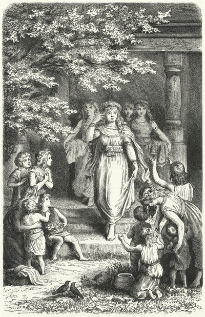 Młode Niemki noszące wieńce z okazji święta Eostre (Ostara) (grafika) autorstwa German School