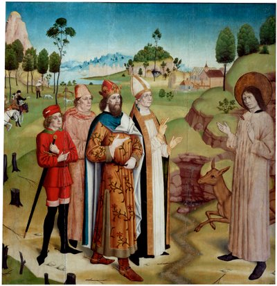 Święty Idzie i król Wamba na królewskim polowaniu”, ok. 1470-1480. autorstwa German master.
