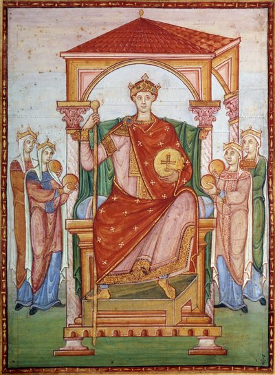 Otton III (980-1002) Cesarz germański odbierający hołd narodom Miniatura z rękopisu „Ewangelik Ottona III” z końca X wieku. Chantilly, Muzeum Conde autorstwa German School