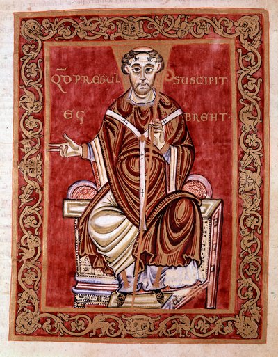 Eveque Egbert de Treves otrzymuje psałterz z rąk mnicha Rudprechta (nie przedstawiono tutaj) - Miniatura Kodeksu Egbert (Codex Egberti) szkoły Reichenau, 980 - Cividale del friuli, Museo Archeico lub Cathedrale de Civid autorstwa German School