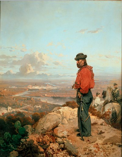 Jedność włoska: „” Portret Giuseppe Garibaldiego (1807-1882) przed Kapuą (Capua) w 1860 r. „” Obraz Gerolamo (Girolamo) Induno (1825-1890) 1861 Museo del Risorgimento, Mediolan autorstwa Gerolamo Induno