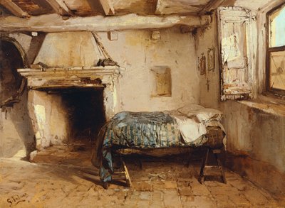 Wnętrze rustykalne, Gerolamo Induno (1825-1890), olej na drewnie, 27,5 x 37,7 cm. autorstwa Gerolamo Induno