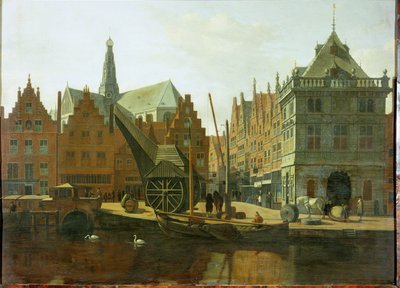 Port Haarlem z wagą publiczną i wieżą Saint Bavon w tle autorstwa Gerrit Adriaensz Berckheyde