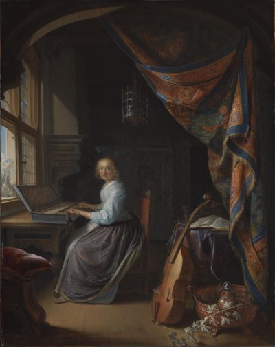 Dama grająca na klawikordzie. autorstwa Gerrit Dou
