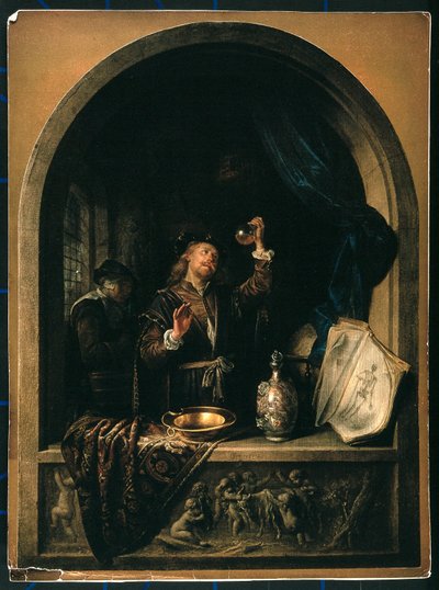Lekarz badający próbkę moczu pobraną od starszej kobiety autorstwa Gerrit Dou