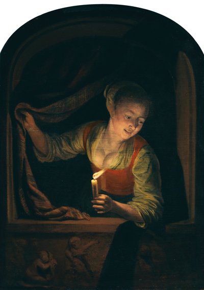 Holenderski: Młoda kobieta z zapaloną świecą przy oknie autorstwa Gerrit Dou