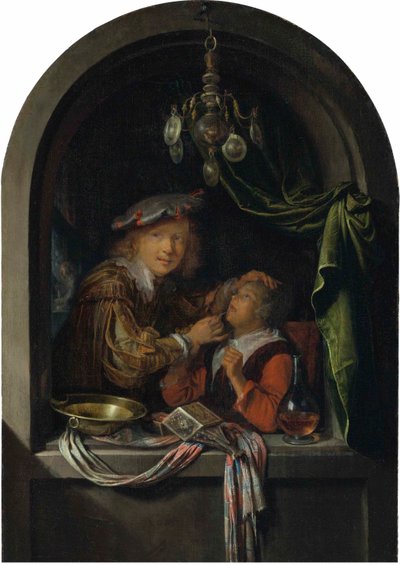 Niemiecki: Der Zahnarzt Fryzjer-chirurg badający dziewczynę autorstwa Gerrit Dou