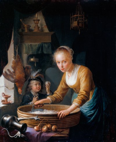 Dziewczyna siekająca cebulę autorstwa Gerrit Dou