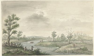 Krajobraz z krętą rzeką i wędkarzami autorstwa Gerrit Grasdorp (possibly)